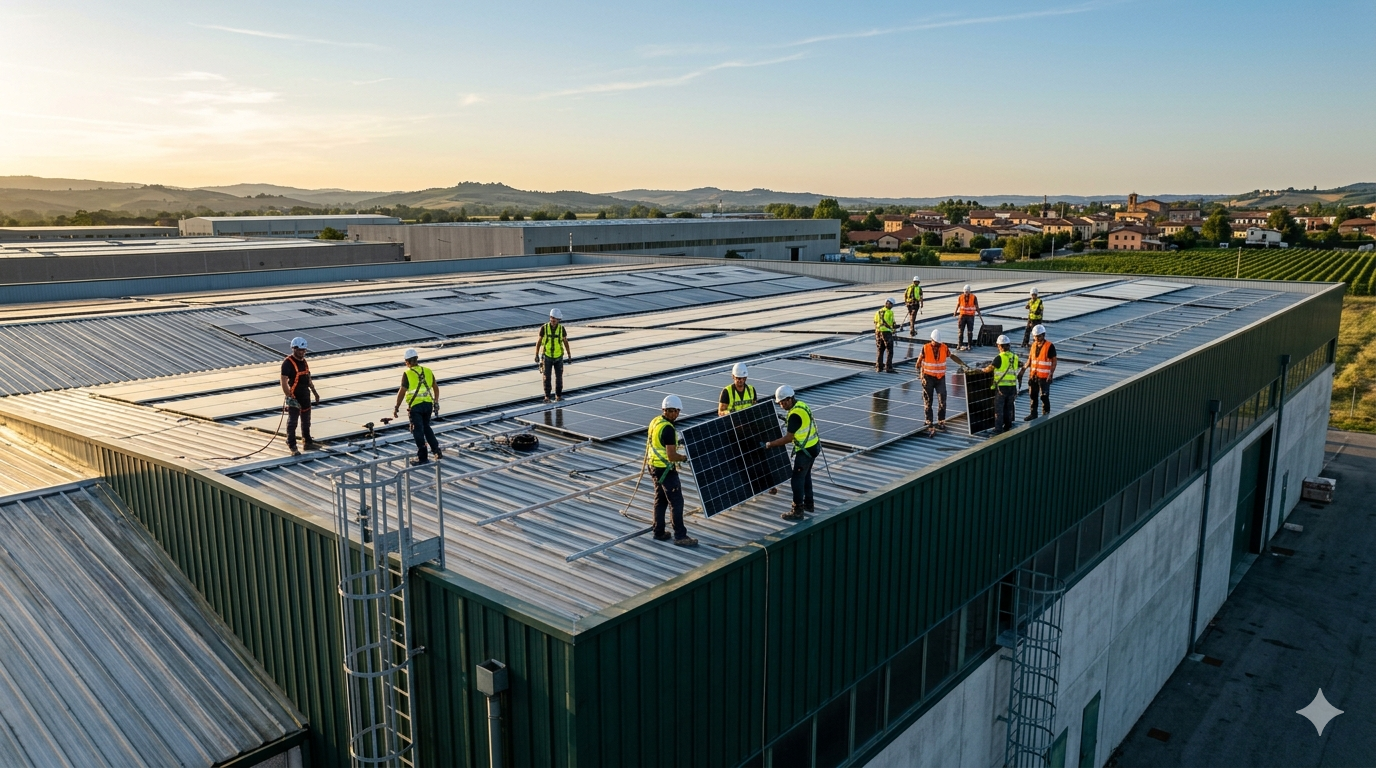 Squadra di posatori fotovoltaico al lavoro su tetto industriale in Italia